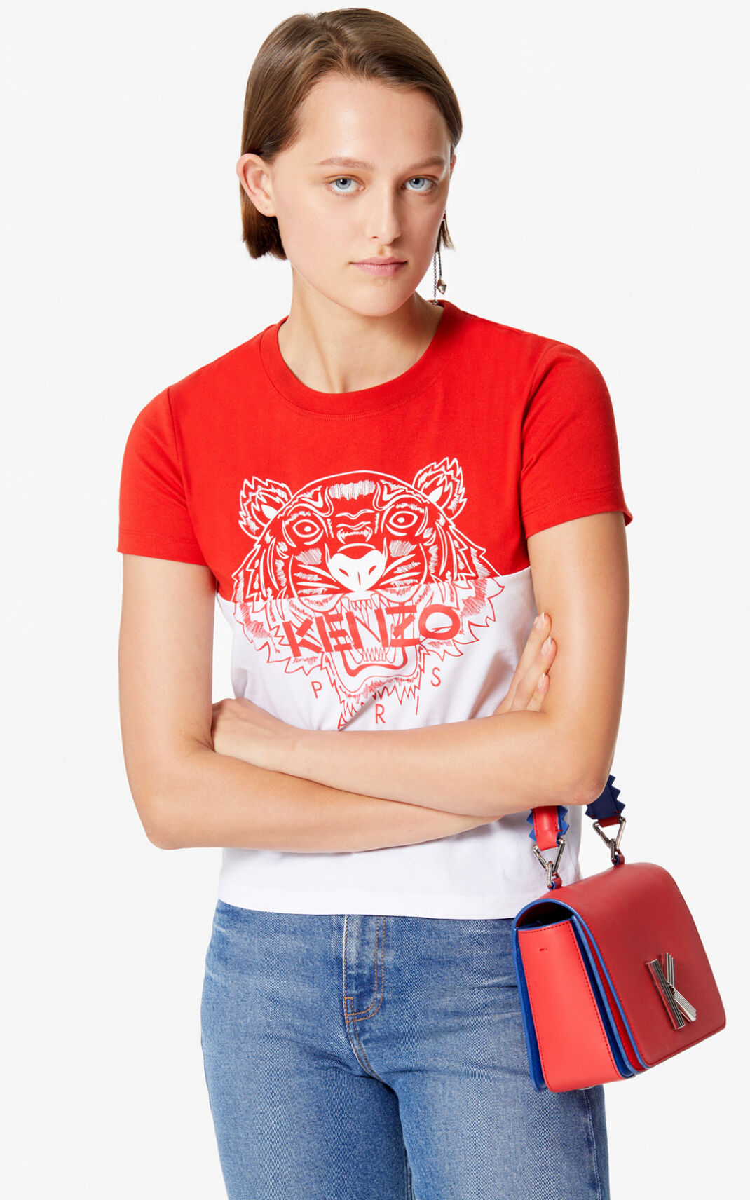 T Shirt Kenzo Colorblock Tiger Femme Rouge | XYEV-84726